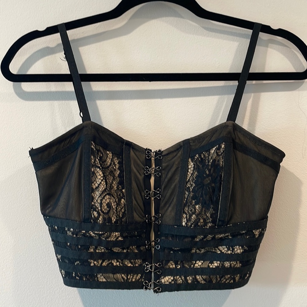 Black and nude lace soft corset top, adjustable straps and hook and eye closures